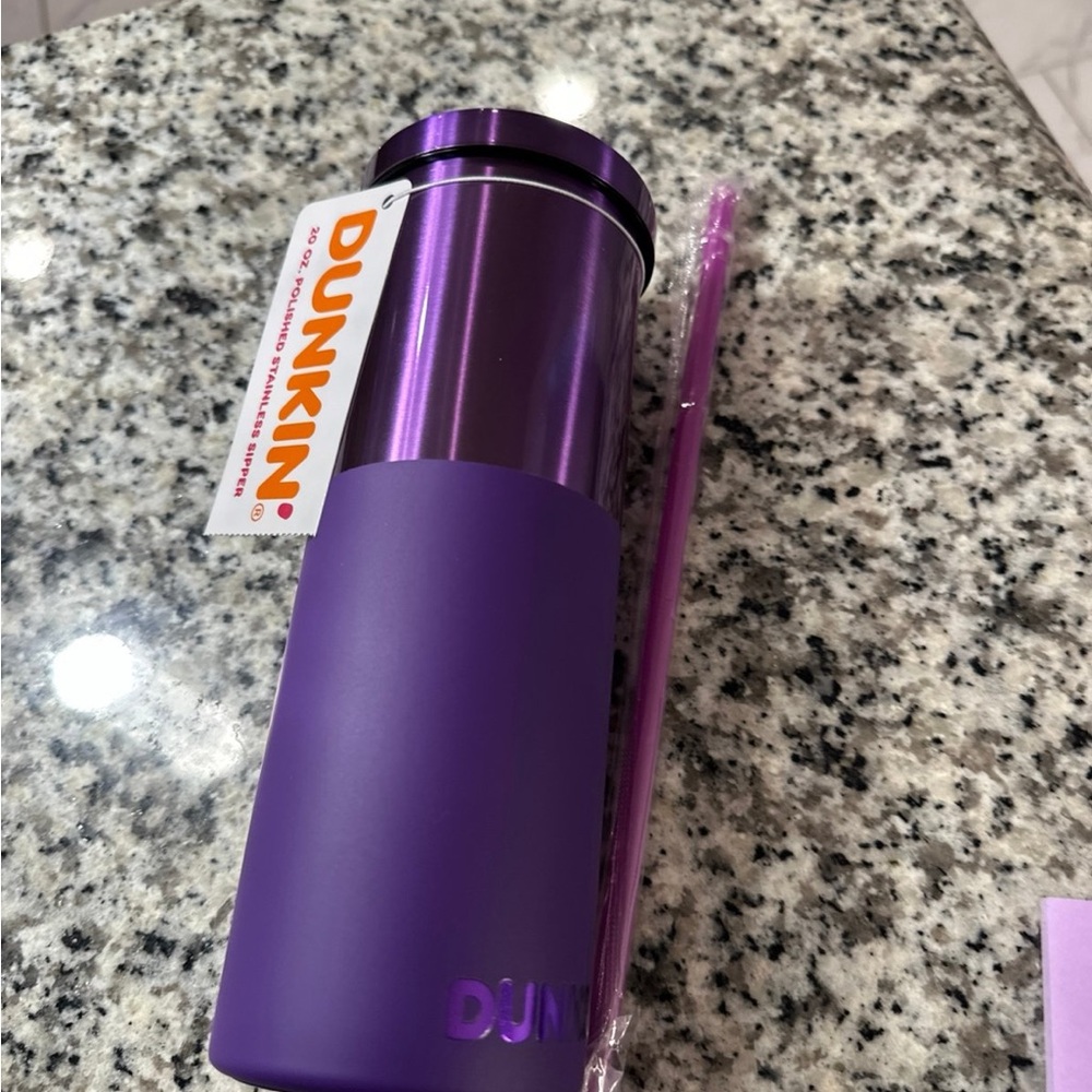 NWT Dunkin' Purple Polished Steel Tumbler with Straw